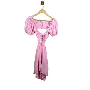 Pink Puff-Sleeve Mini Dress with Front Cutout